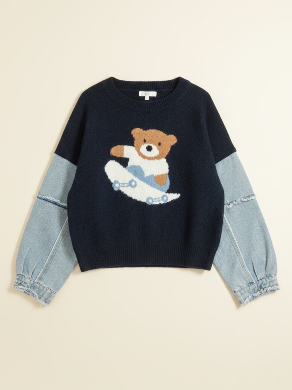 Navy Teddy Skateboard Mixed-Media Sweater
